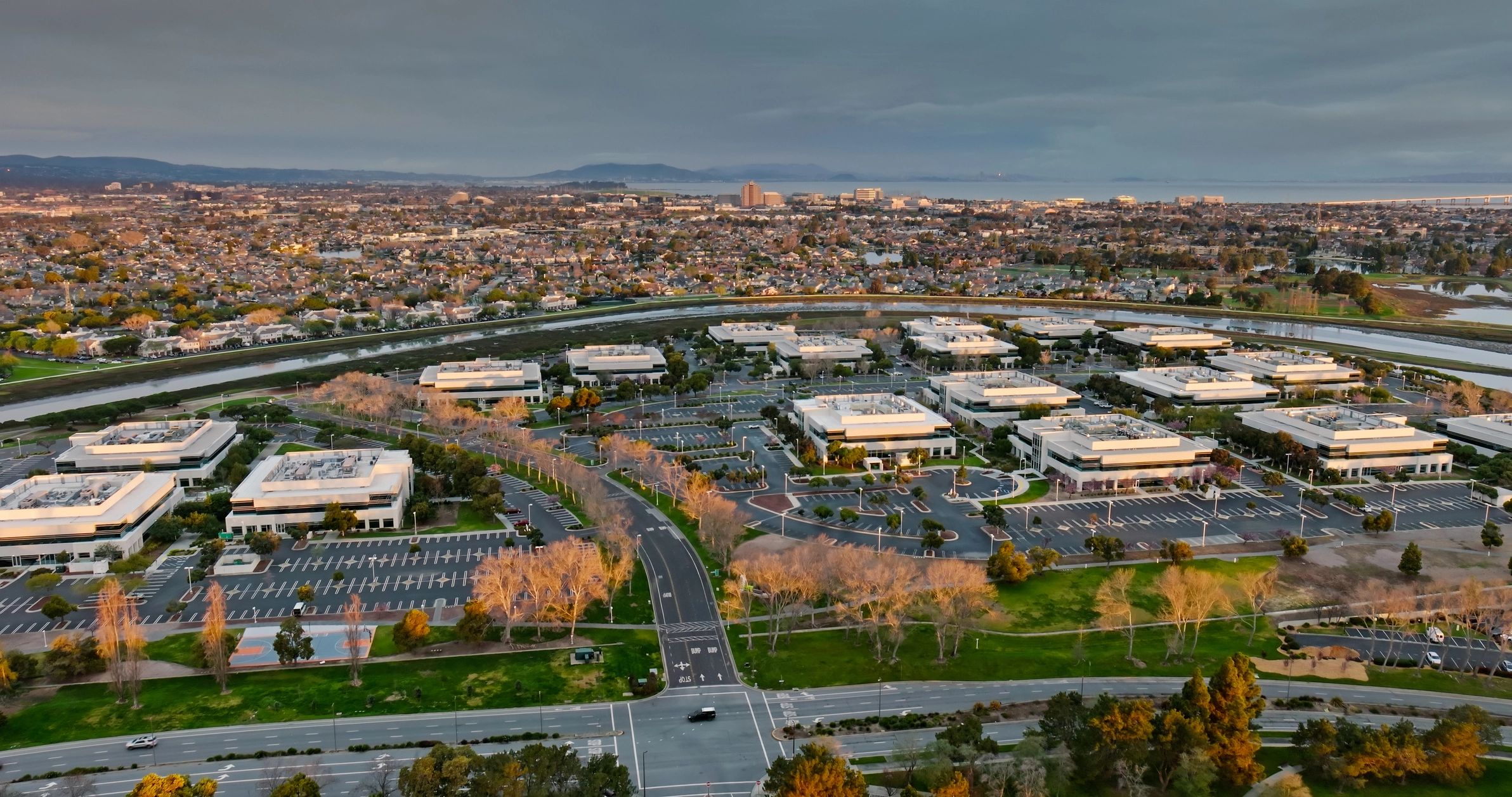 Aerial view of office park and commercial buildings