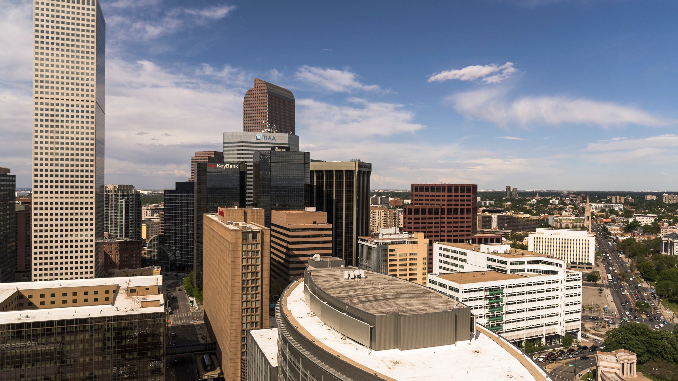 Downtown Denver office towers and skyline on a clear day