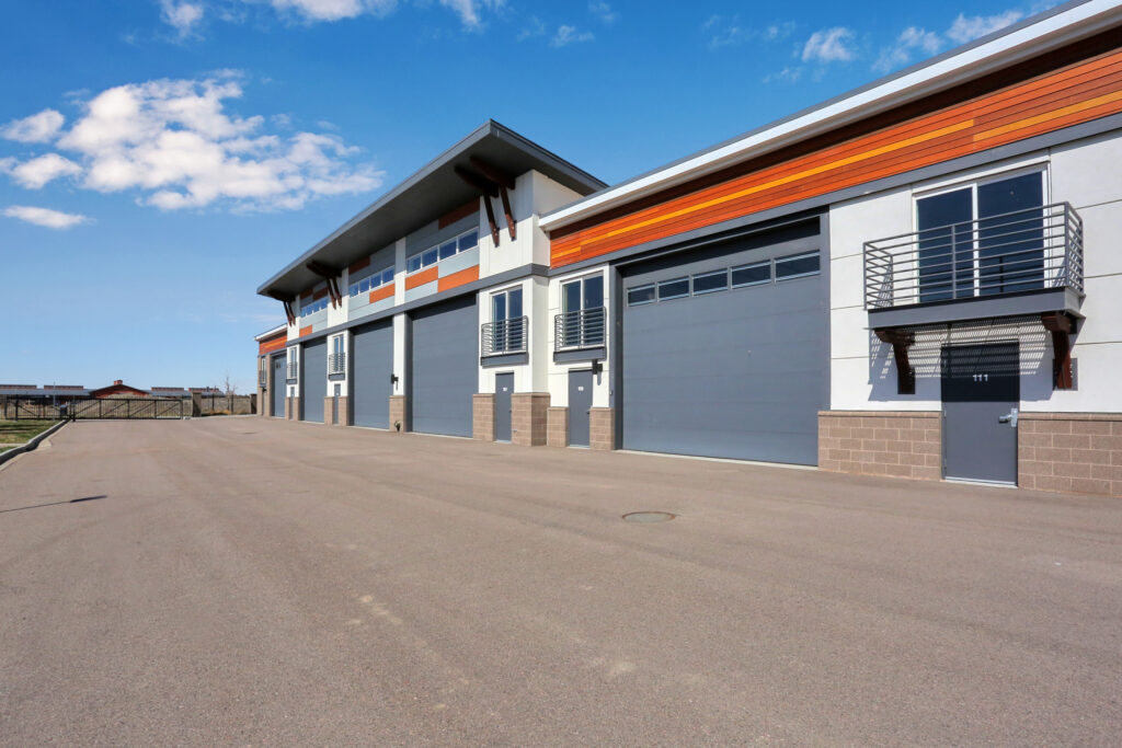 Modern garage condo building with overhead doors in Colorado