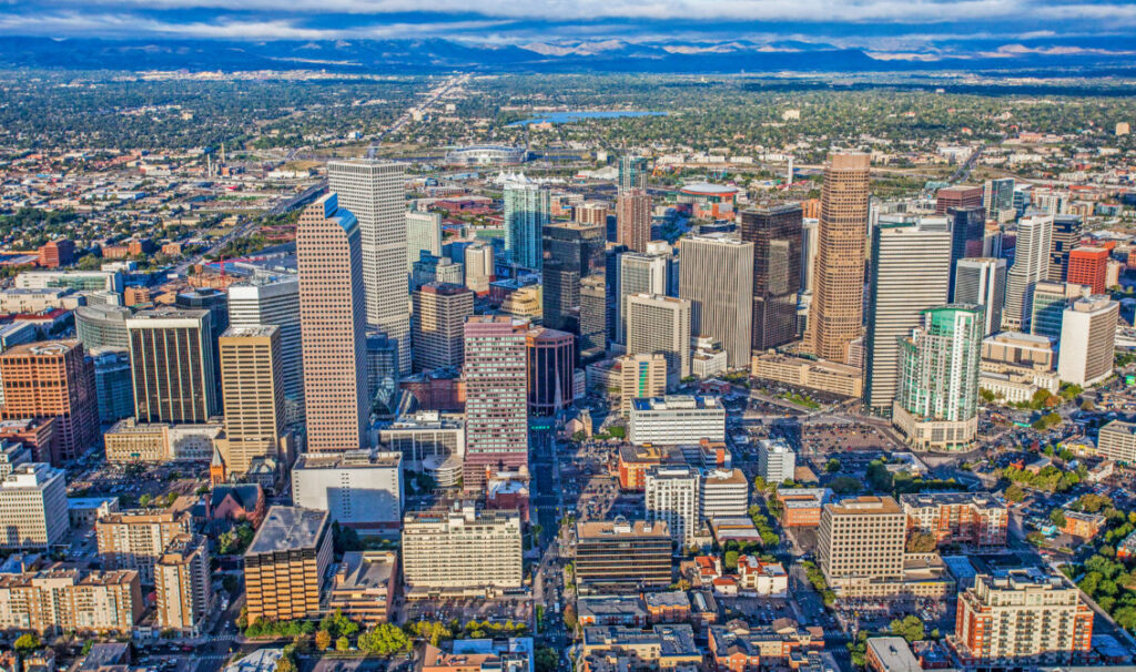 Aerial view of the downtown Denver skyline