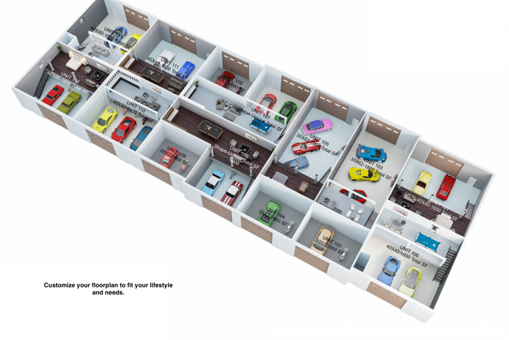 3D rendering of a Vehicle Vault garage condo floor layout
