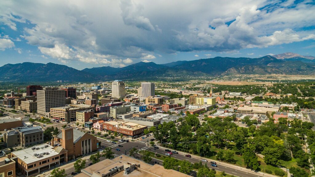 Downtown Colorado Springs with Pikes Peak and the Front Range