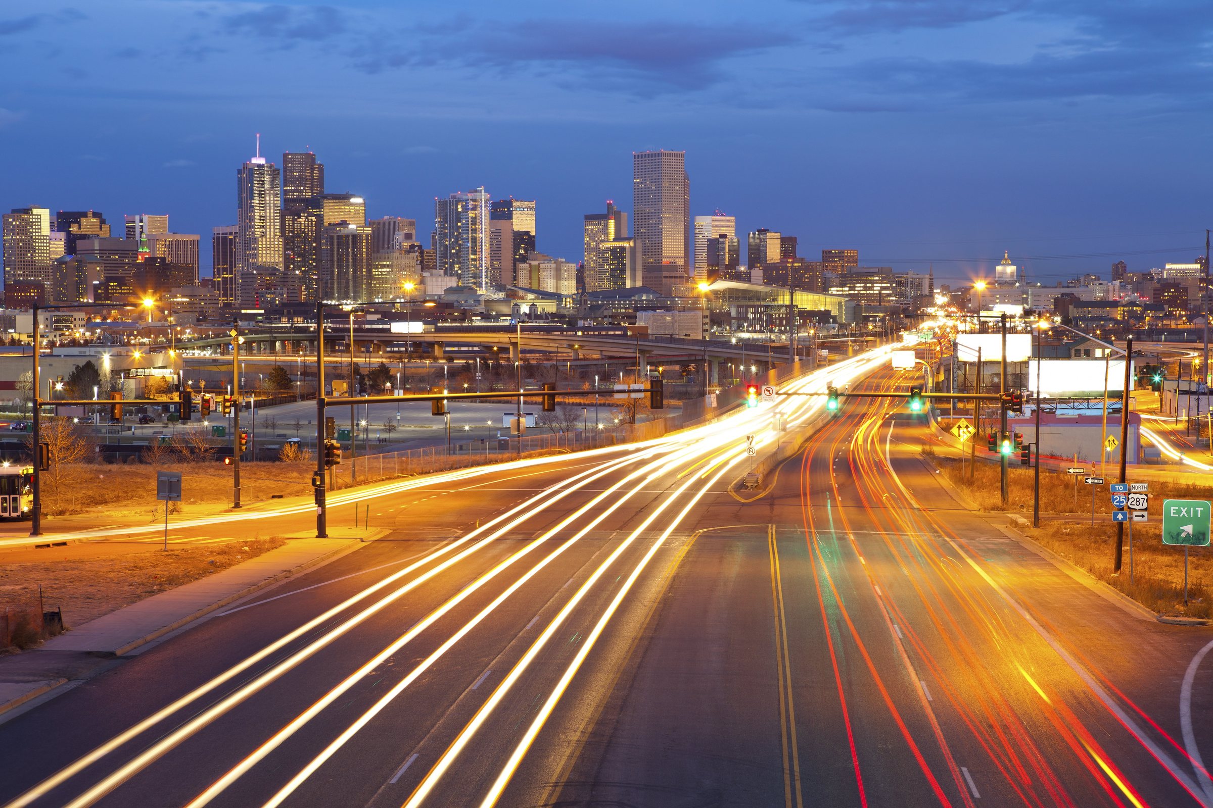 Downtown Denver skyline at dusk