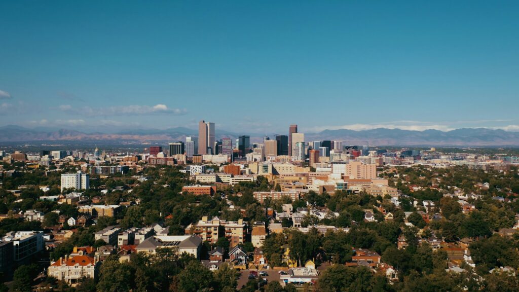 Downtown Denver skyline with the Front Range on a clear day