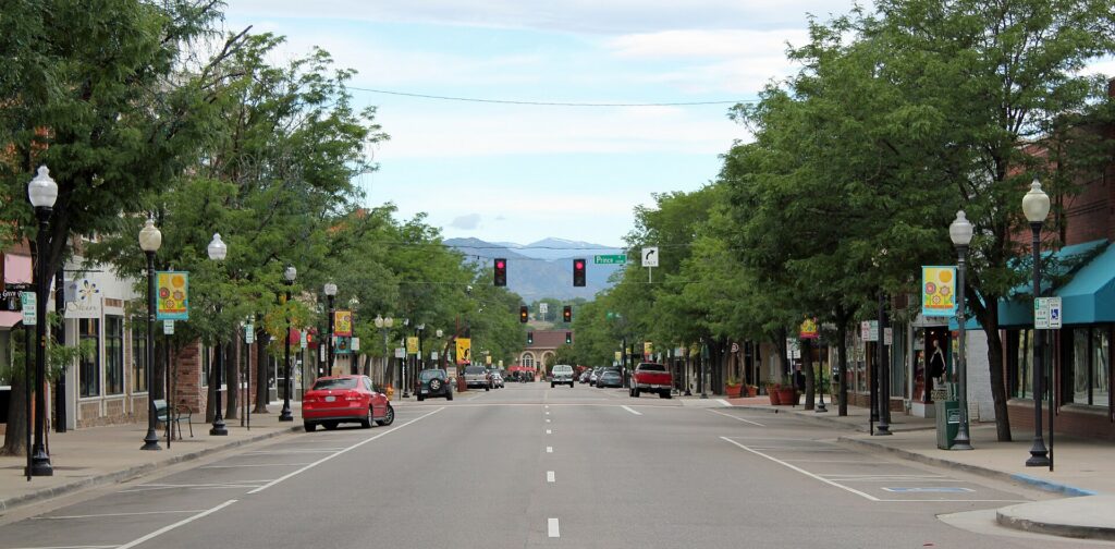 Tree-lined Main Street in historic downtown Littleton, Littleton commercial real estate