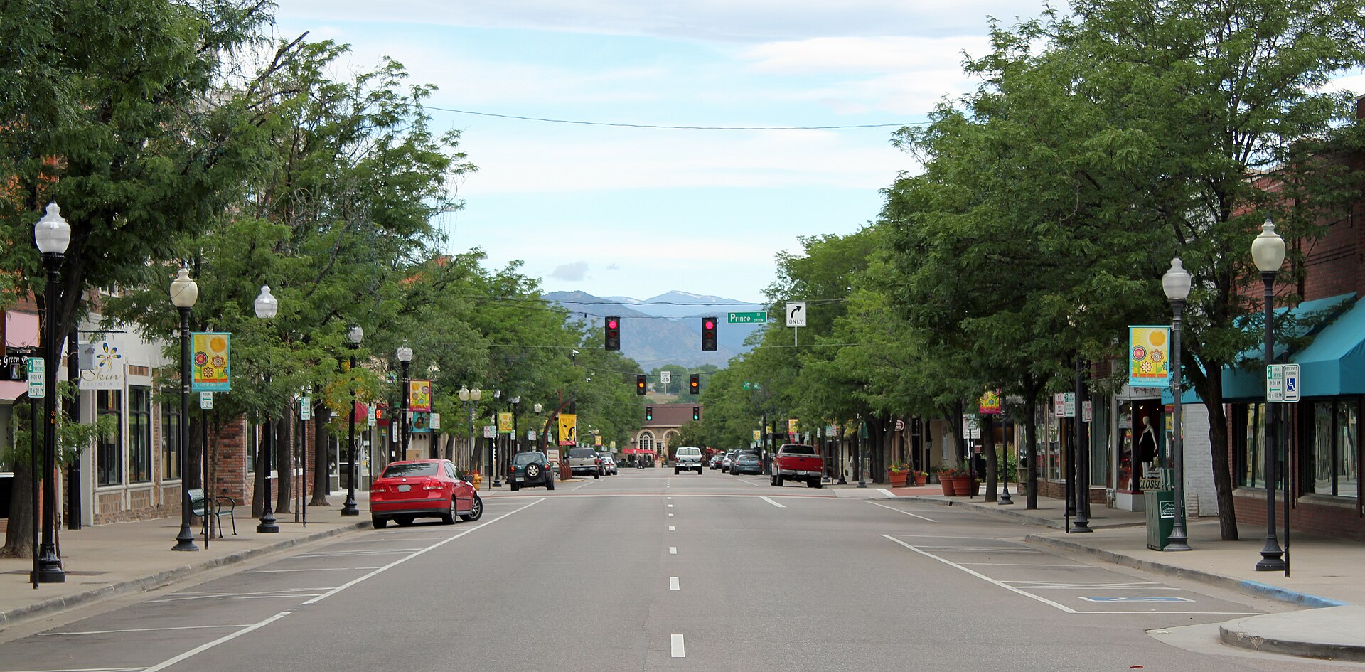 Tree-lined Main Street in historic downtown Littleton, Colorado