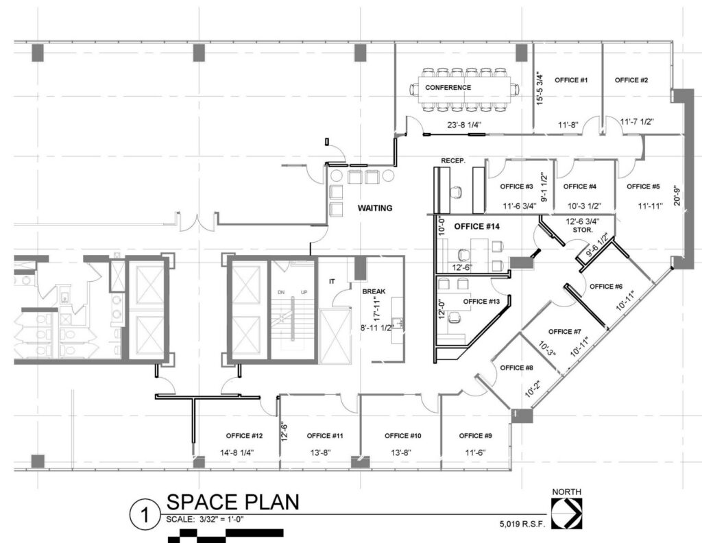 Space plan for a 5,019 RSF office suite with 14 private offices, conference room, reception and break room